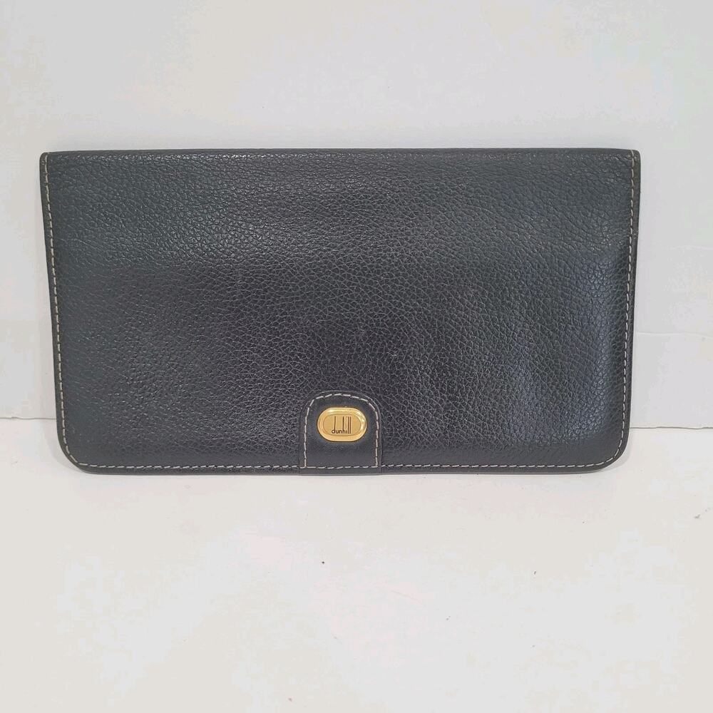 Dunhill Designer Card Bill Holder Wallet Black Bifold Pebble Leather Stitch Long